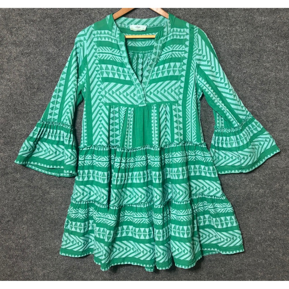 Devotion Twins Women XS Ella Mini Dress Green Geometric Tiered Bell Sleeve